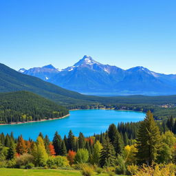 A vibrant and colorful landscape featuring a serene lake surrounded by lush green forests, with a clear blue sky and a majestic mountain range in the background