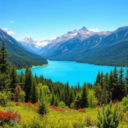 A vibrant and colorful landscape featuring a serene lake surrounded by lush green forests, with a clear blue sky and a majestic mountain range in the background