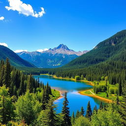 A vibrant and colorful landscape featuring a serene lake surrounded by lush green forests, with a clear blue sky and a majestic mountain range in the background
