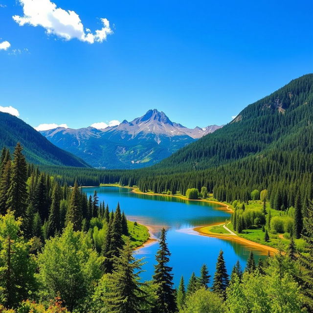 A vibrant and colorful landscape featuring a serene lake surrounded by lush green forests, with a clear blue sky and a majestic mountain range in the background