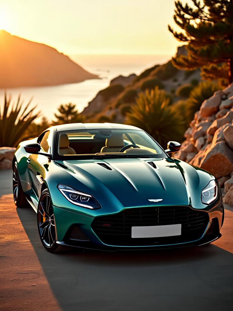 HD photograph of an Aston Martin DBS Superleggera with a rich aesthetic, beautiful scenic background, and excellent lighting composition, presented in a cinema-quality photography style