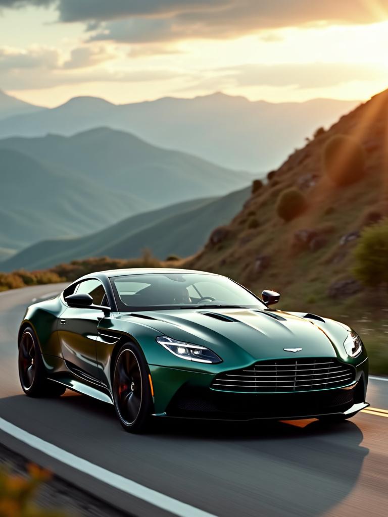 HD photograph of an Aston Martin DBS Superleggera driving on a scenic road with a zoomed out camera shot, rich aesthetic, beautiful scenic background, and excellent lighting composition, presented in a cinema-quality photography style