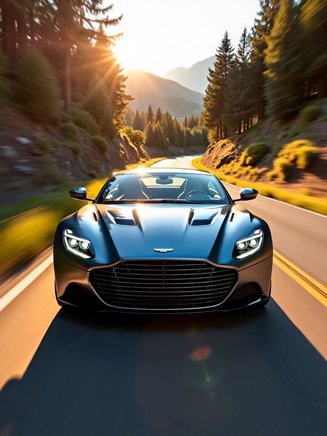 HD photograph of an Aston Martin DBS Superleggera driving on a scenic road with a zoomed out camera shot, even better lighting composition, rich aesthetic, beautiful scenic background, and excellent lighting composition, presented in a cinema-quality photography style