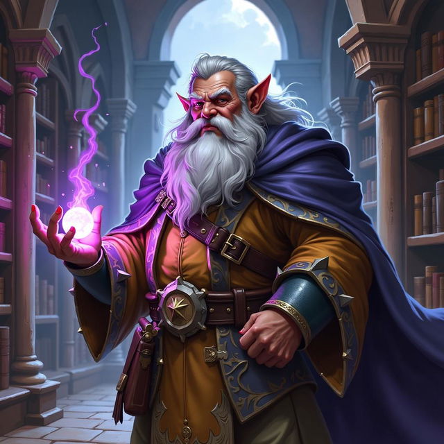 A detailed portrait of a battle-weary but confident Dwarven Wizard with a light purple aura, set in an ancient library with a painterly, dark, and pastel atmosphere