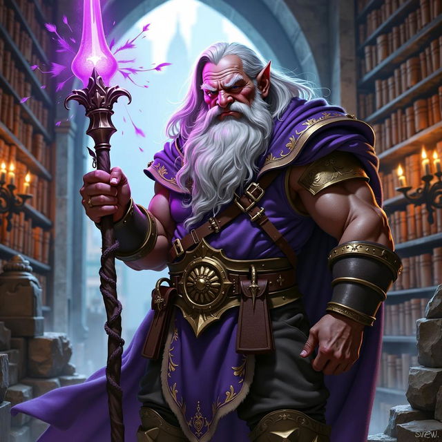 An incredibly detailed, stunning, and high-resolution portrait of a battle-weary but confident Dwarven Wizard with a light purple aura, set in an ancient library with a gritty and painterly atmosphere