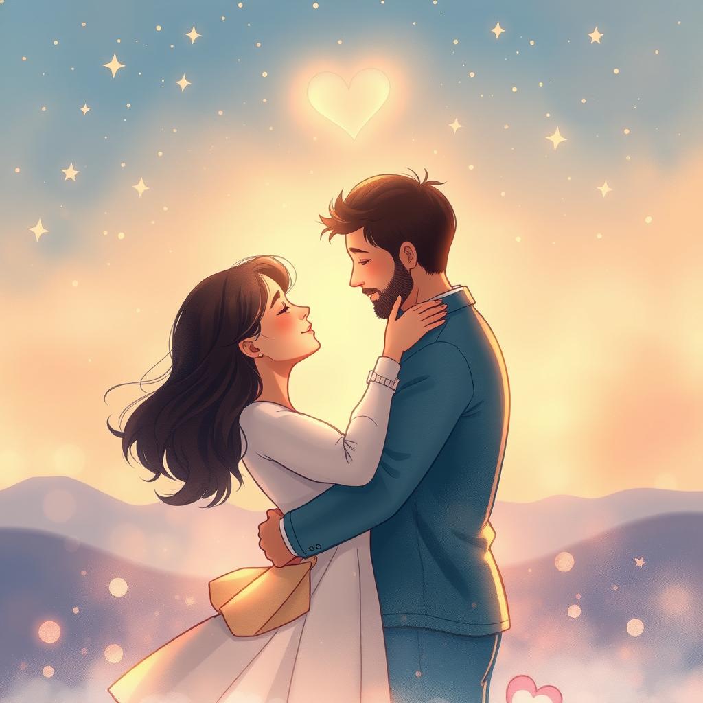 A beautiful depiction of love, featuring a couple embracing under a starlit sky
