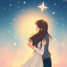 A beautiful depiction of love, featuring a couple embracing under a starlit sky