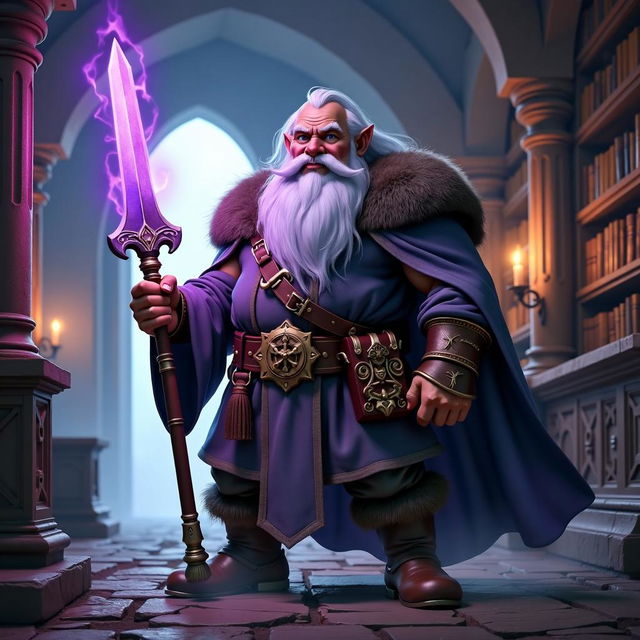 HD photographic portrait of a battle-weary but confident Dwarven Wizard with a light purple aura, set in a dark ancient library, captured with a 200mm lens