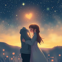 A beautiful depiction of love, featuring a couple embracing under a starlit sky