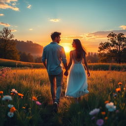 A beautiful landscape depicting love, featuring a couple holding hands while walking through a serene meadow at sunset