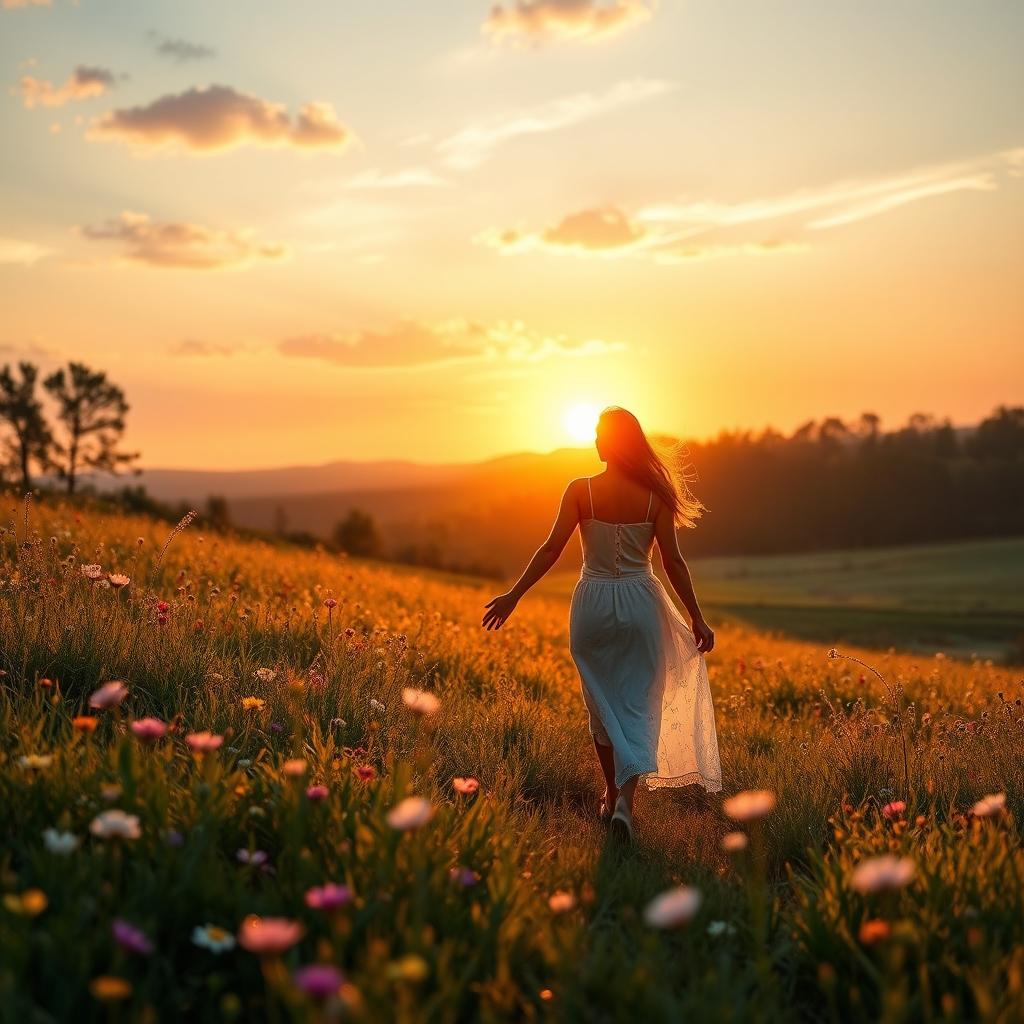 A beautiful landscape depicting love, featuring a couple holding hands while walking through a serene meadow at sunset