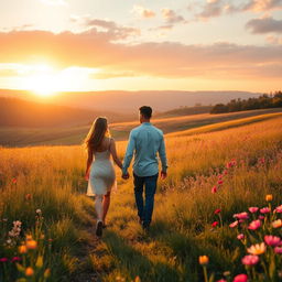 A beautiful landscape depicting love, featuring a couple holding hands while walking through a serene meadow at sunset