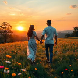 A beautiful landscape depicting love, featuring a couple holding hands while walking through a serene meadow at sunset