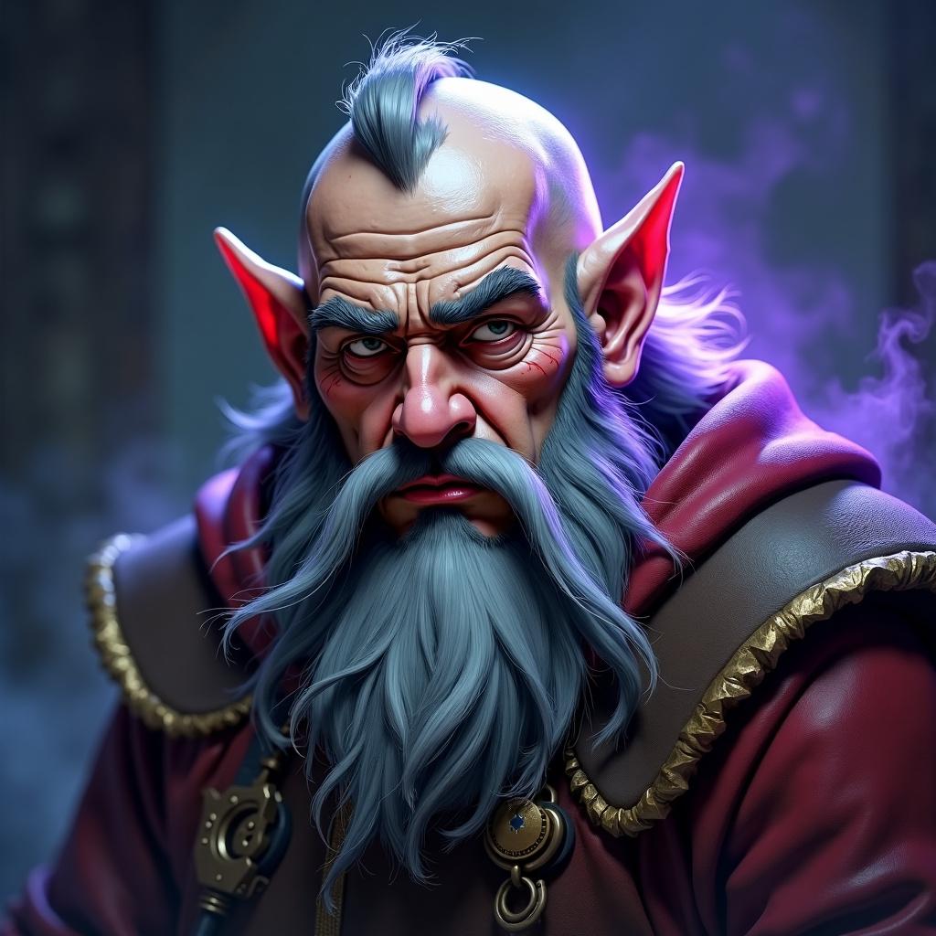 HD photographic portrait of a battle-weary Dwarven Wizard with a light purple aura, dark and gritty background, close-up shot with a 200mm lens