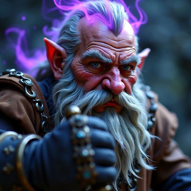 A close-up portrait of a battle-weary Dwarven Wizard with a light purple aura swirling faintly around him, set against a dark and gritty background