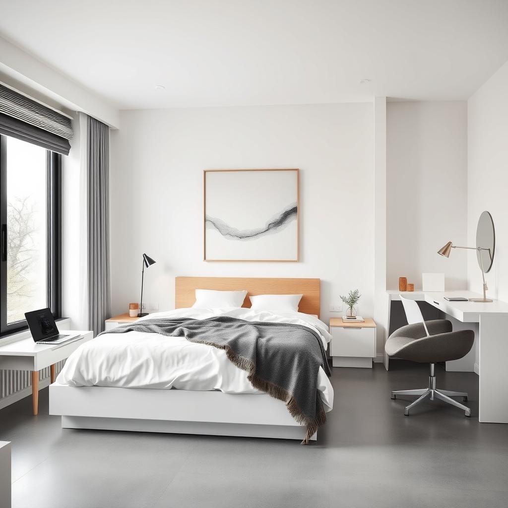 A modern bedroom redecorated for a 20-year-old girl with a sleek, minimalist design and Nordic influences