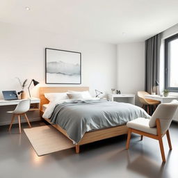 A modern bedroom redecorated for a 20-year-old girl with a sleek, minimalist design and Nordic influences