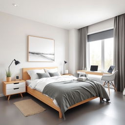 A modern bedroom redecorated for a 20-year-old girl with a sleek, minimalist design and Nordic influences