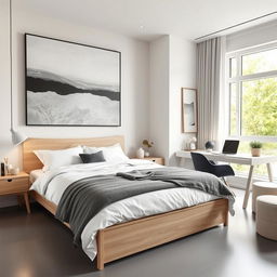 A modern bedroom redecorated for a 20-year-old girl with a sleek, minimalist design and Nordic influences