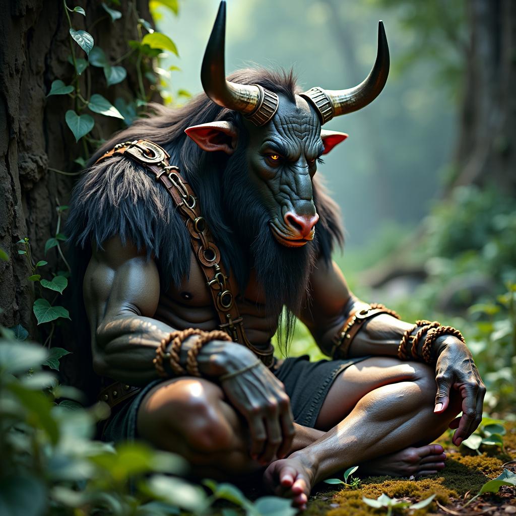 A detailed portrait of a battle-weary Druid Minotaur meditating in serene nature, surrounded by vines and plants