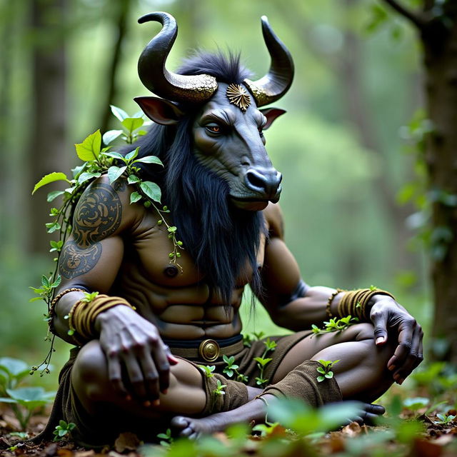 Close-up portrait of a meditating Minotaur Druid surrounded by vines and plants in a serene natural setting, captured with a 200mm lens in 32k resolution