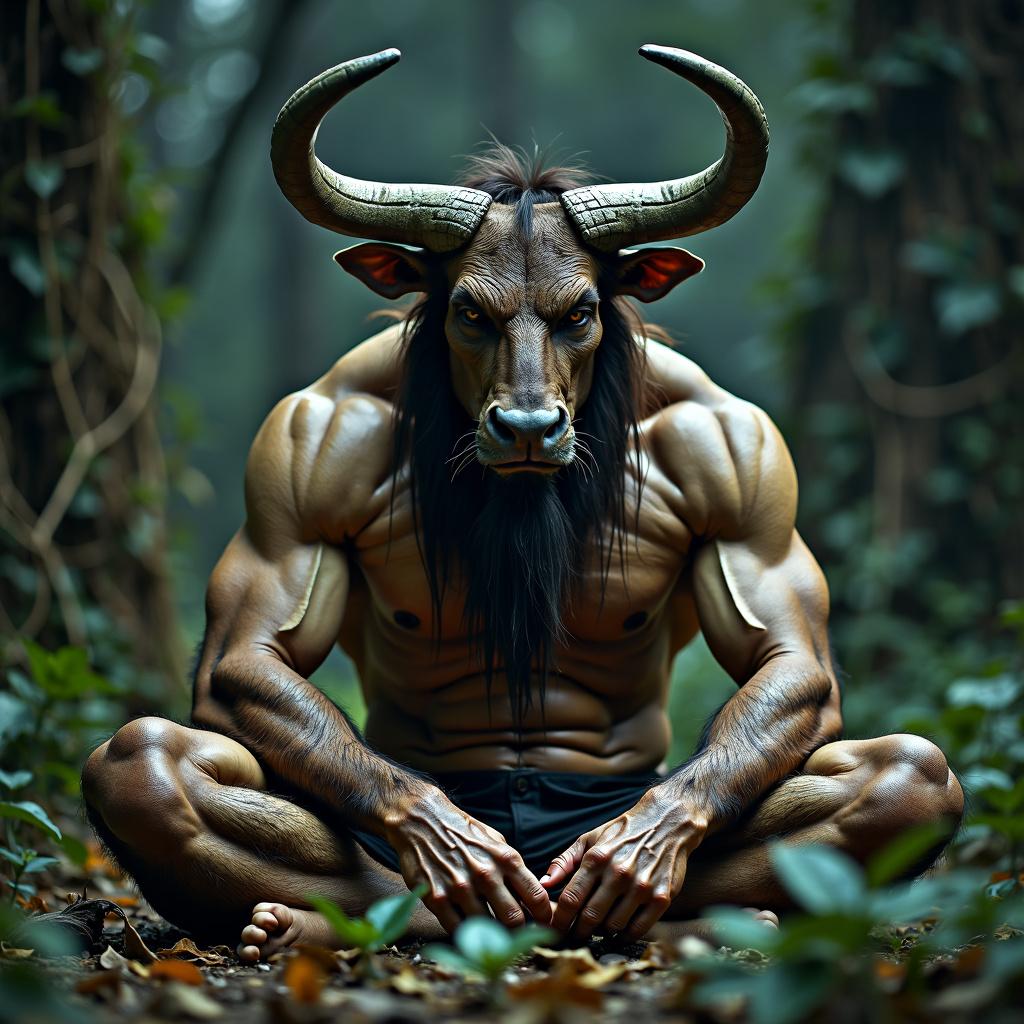 A close-up, high-resolution portrait of an injured Minotaur meditating in serene nature, surrounded by vines and plants