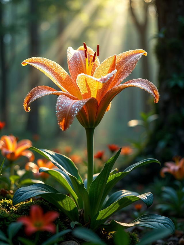 HD cinema photograph of a magical glittering lily flower in an overgrown mythical forest with sunlight filtering through the trees, creating a magical and realistic fantasy atmosphere