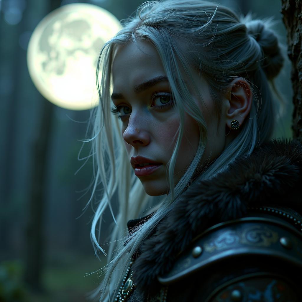 A close-up portrait of Alustriel Silverhand contemplating, with a bright full moon behind her, in a dark and gritty atmosphere