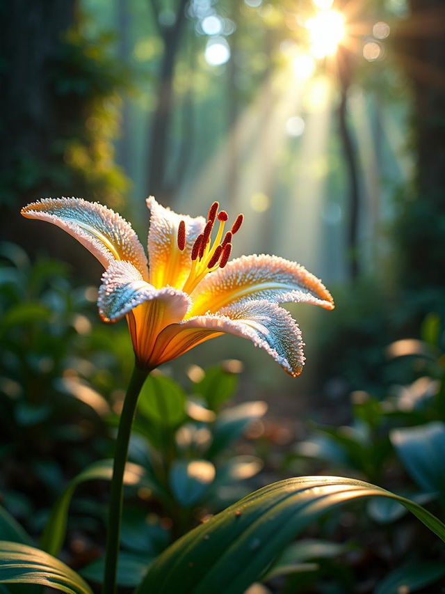 HD cinema photograph of a magical glittering lily flower with intense sparkle in a wider shot of an overgrown mythical forest, with sunlight filtering through the trees, creating a magical and realistic fantasy atmosphere