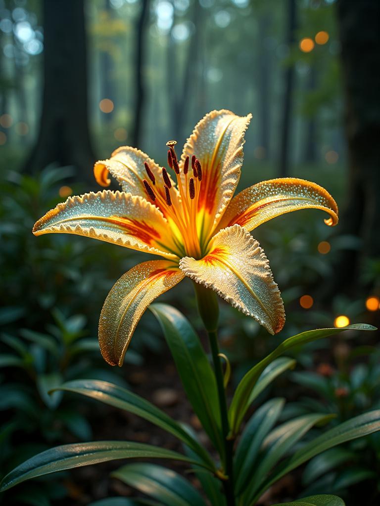 HD cinema photograph of a magical glittering lily flower with intense sparkle in a wider shot of an overgrown mythical forest