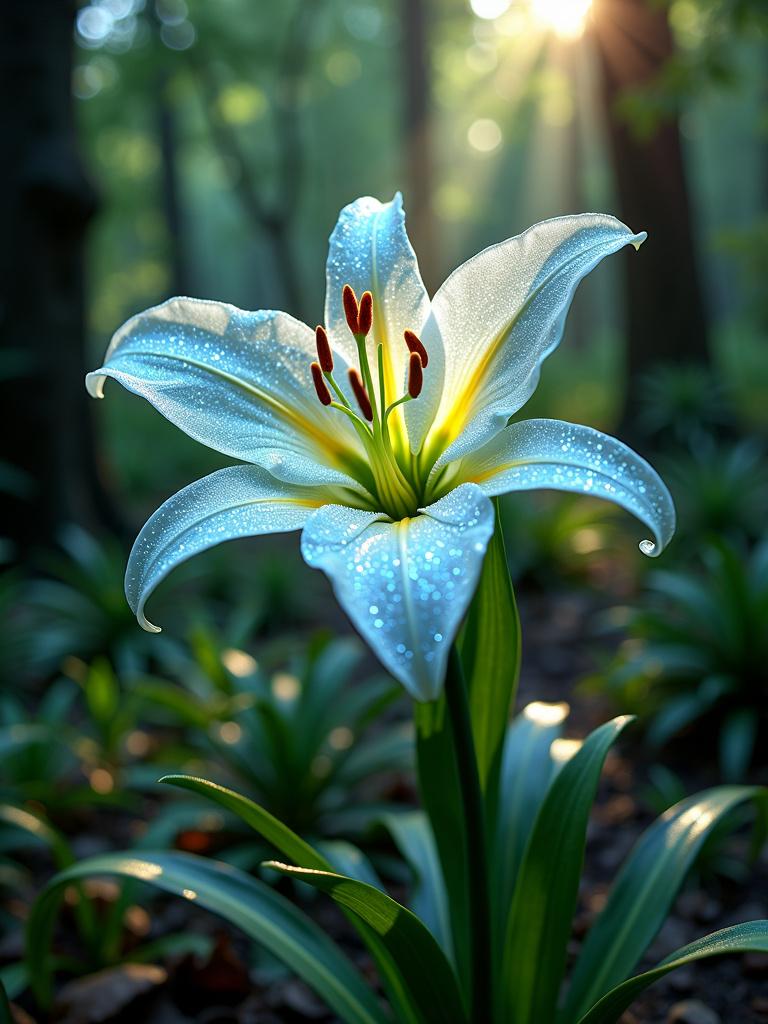 HD cinema photograph of a magical glittering lily flower with intense sparkle in a wider shot of an overgrown mythical forest