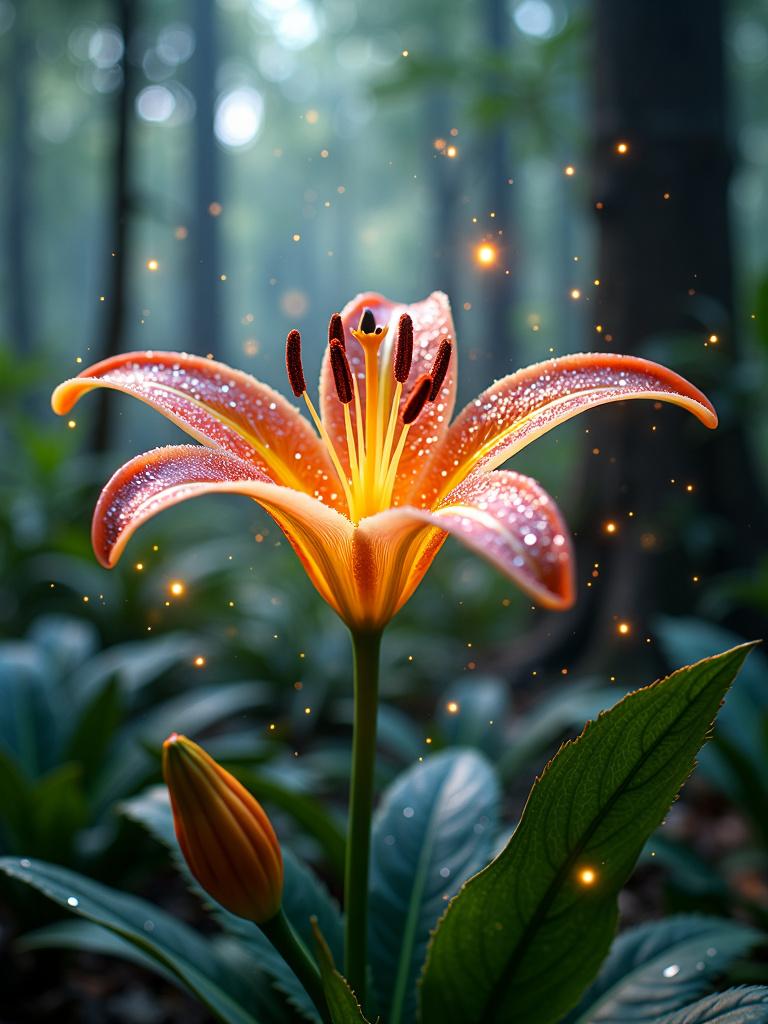 HD cinema photograph of a magical glittering lily flower with intense sparkle in a wider shot of an overgrown mythical forest