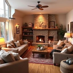 A cozy living room with comfortable furniture, warm lighting, and a homely atmosphere