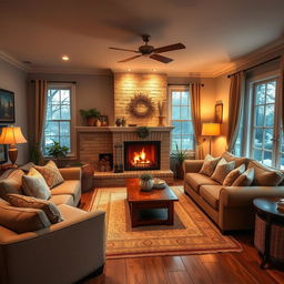 A cozy living room with comfortable furniture, warm lighting, and a homely atmosphere