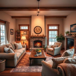 A cozy living room with comfortable furniture, warm lighting, and a homely atmosphere