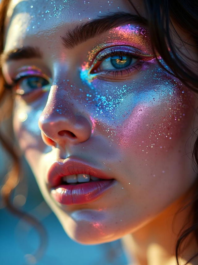 High definition close-up photograph of a beautiful woman with skin made out of glitter, featuring a fantasy photography aesthetic and a magical, enchanting mood