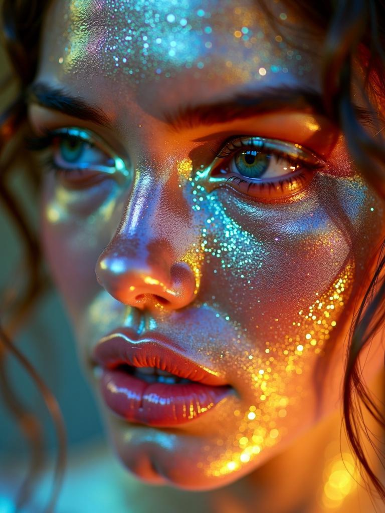 High definition close-up photograph of a beautiful woman with entirely glittery skin, featuring a fantasy photography aesthetic and a magical, enchanting mood