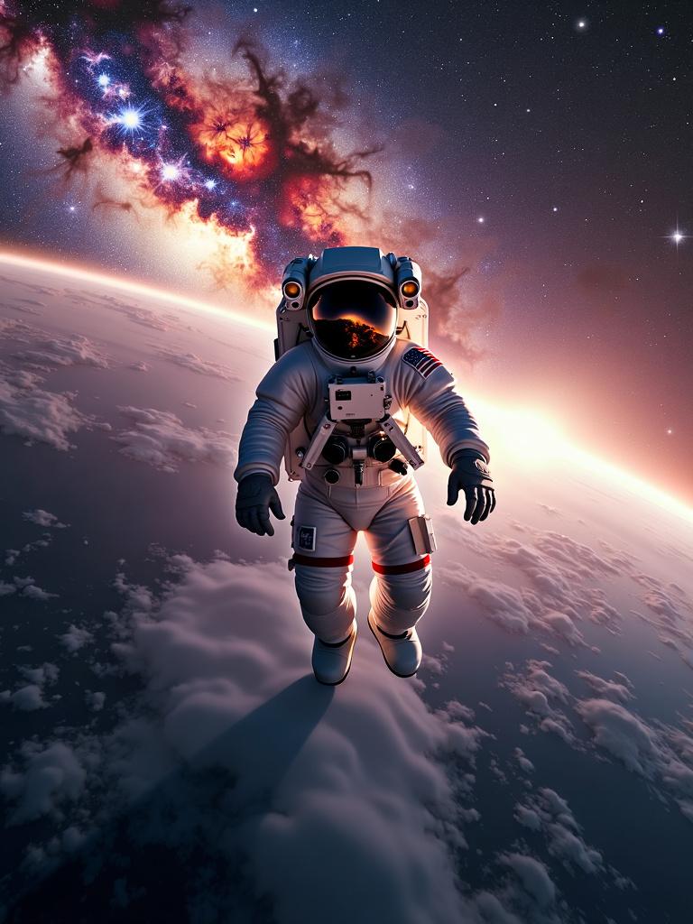 HD cinema photography of an astronaut floating in the abyss of space, surrounded by stars, galaxies, the Milky Way, and colorful nebulas, with Earth visible in the distance