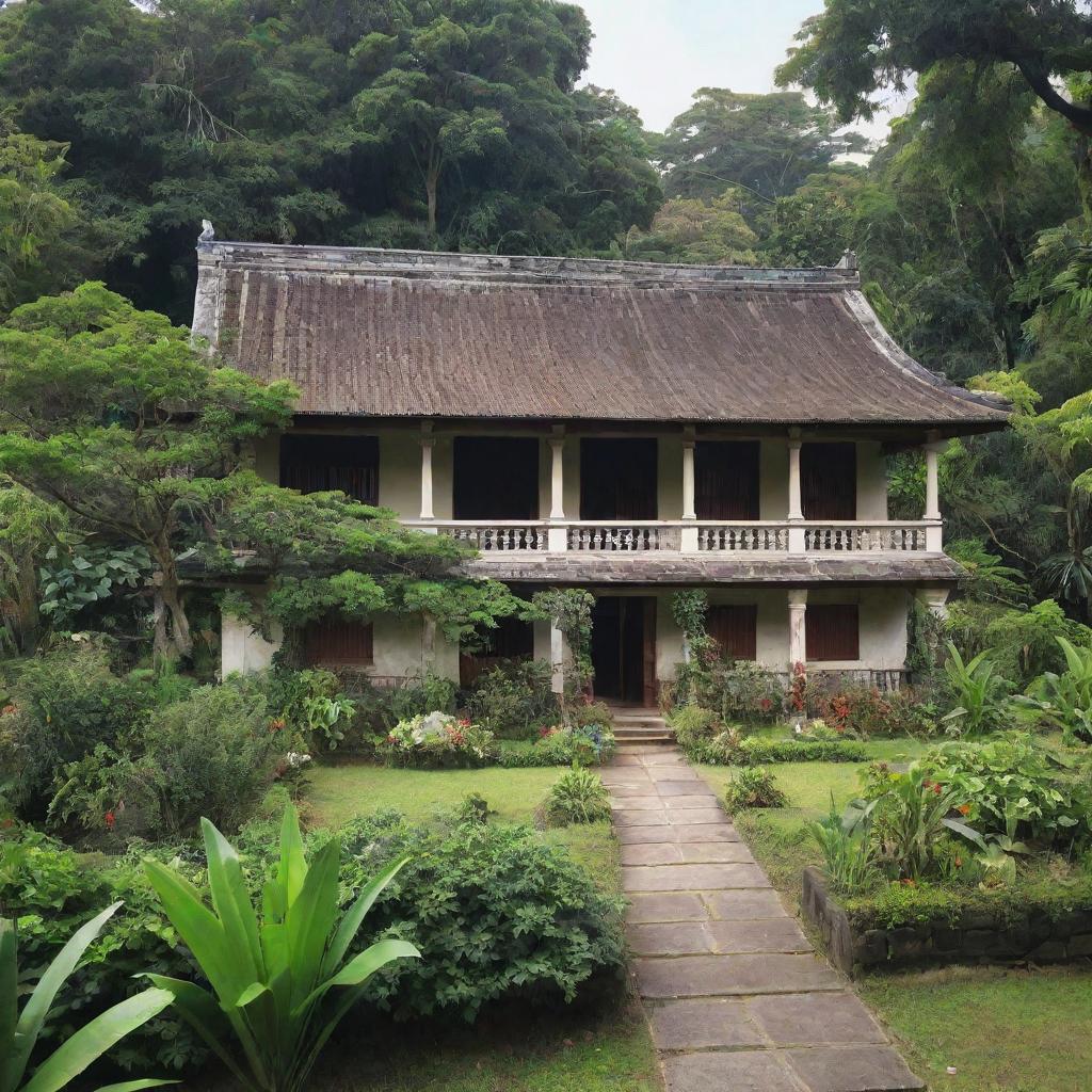 A historical representation of Jose Rizal's ancestral house as it was in 1880, a traditional Filipino Bahay na Bato with a verdant garden in the foreground.