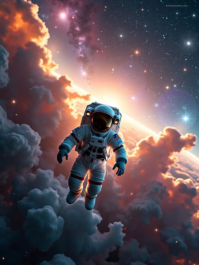 Ultra-high-definition cinema photograph of a small and far-away astronaut floating in the vastness of space, surrounded by stars, galaxies, the Milky Way, and colorful nebulas, with Earth visible in the distance