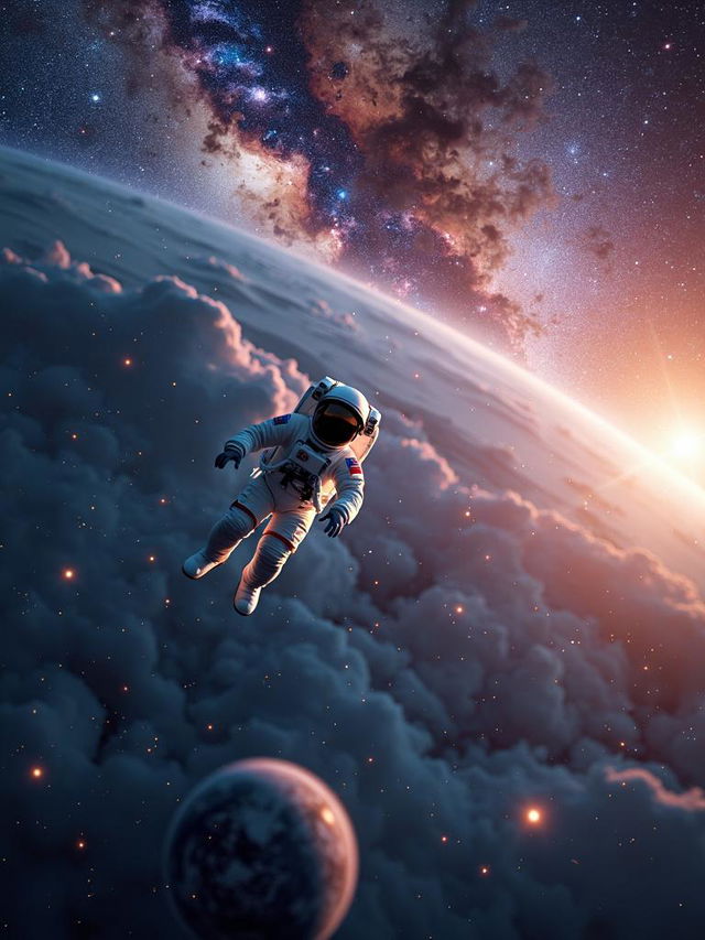 Ultra-high-definition cinema photograph of a small and far-away astronaut floating in the vastness of space, surrounded by stars, galaxies, the Milky Way, and colorful nebulas, with Earth visible in the distance