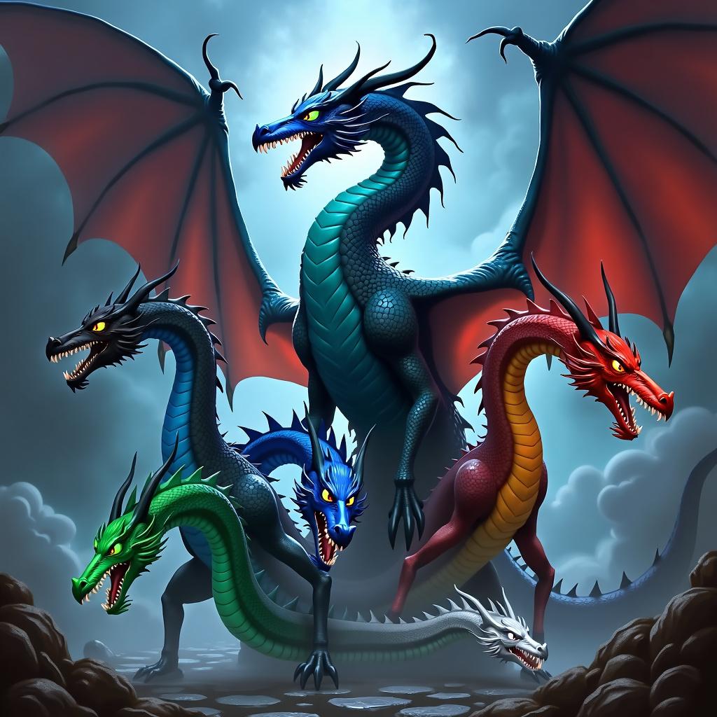 Image of Tiamat, the unique chromatic dragon from DND, with five heads (black, blue, green, red, white)