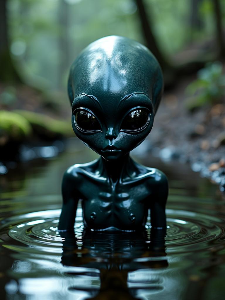 HD photograph of a beautiful human-alien hybrid with dark black skin and big alien eyes in a mysterious pool of water, set against a dark forest background with cinematic lighting