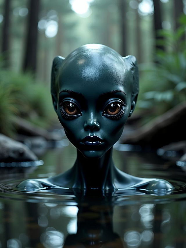 HD photograph of a beautiful human-alien hybrid with dark black skin and big alien eyes in a mysterious pool of water, set against a dark forest background with cinematic lighting