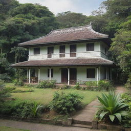 A historical representation of Jose Rizal's ancestral house as it was in 1880, a traditional Filipino Bahay na Bato with a verdant garden in the foreground.