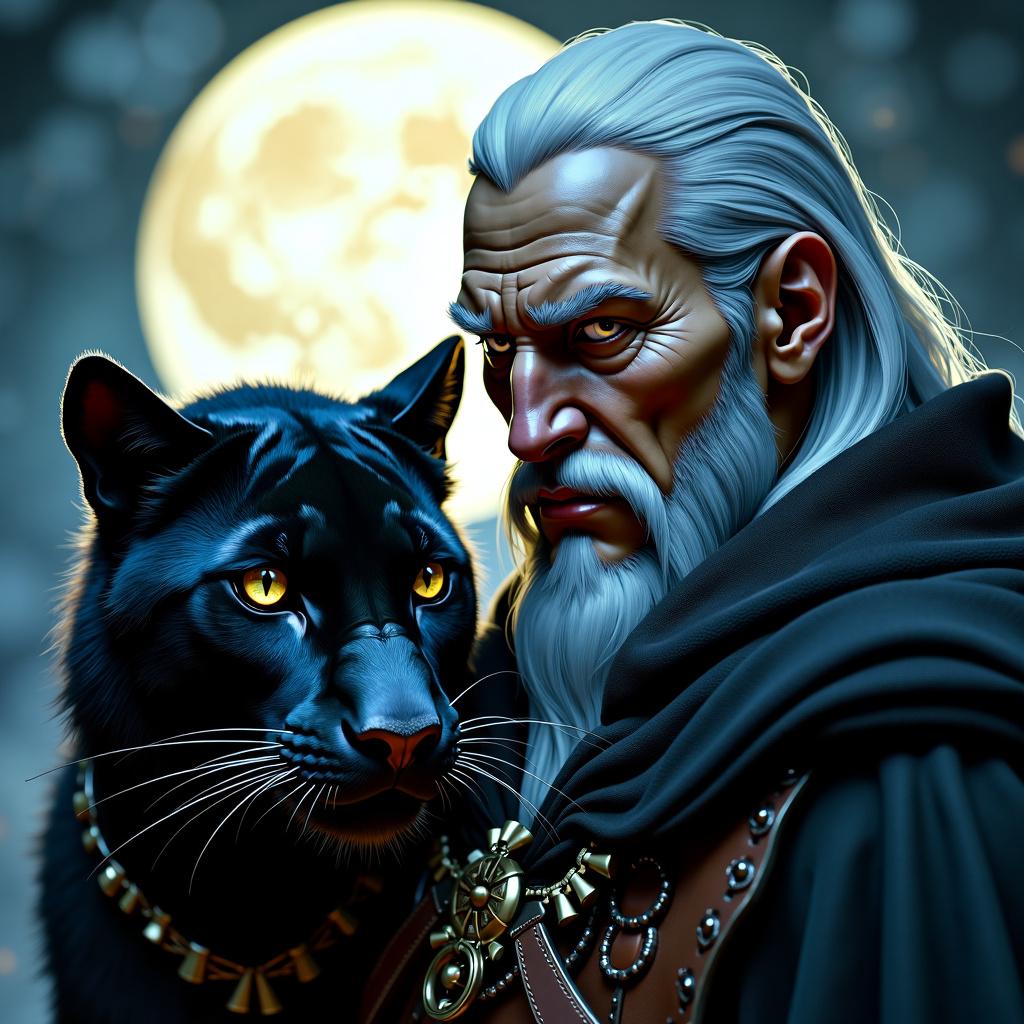 Close-up portrait of Drizzt Do'Urden from Dungeons & Dragons, with his black panther companion Guenhwyvar and a bright full moon behind them