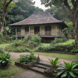 A historical representation of Jose Rizal's ancestral house as it was in 1880, a traditional Filipino Bahay na Bato with a verdant garden in the foreground.