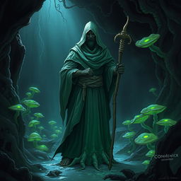 A mysterious druid cloaked in a full-length robe that covers their face, holding a quarterstaff, standing in the eerie and dark environment of the Underdark