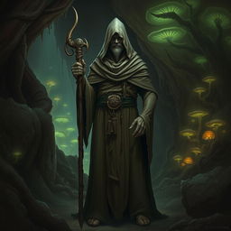 A mysterious druid cloaked in a full-length robe that covers their face, holding a quarterstaff, standing in the eerie and dark environment of the Underdark