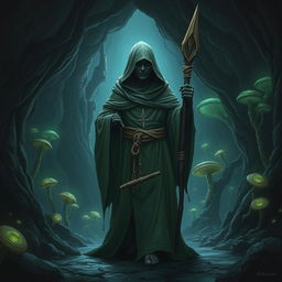 A mysterious druid cloaked in a full-length robe that covers their face, holding a quarterstaff, standing in the eerie and dark environment of the Underdark